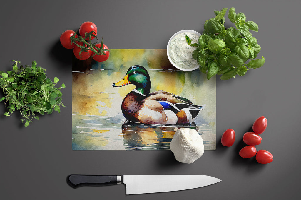 Mallard Duck Floating Pond Reflection Cutting Board Tempered Glass Kitchen Cutting Surface, Heat Resistant Chopping, Non-Slip Feet, Food Prep & Serving