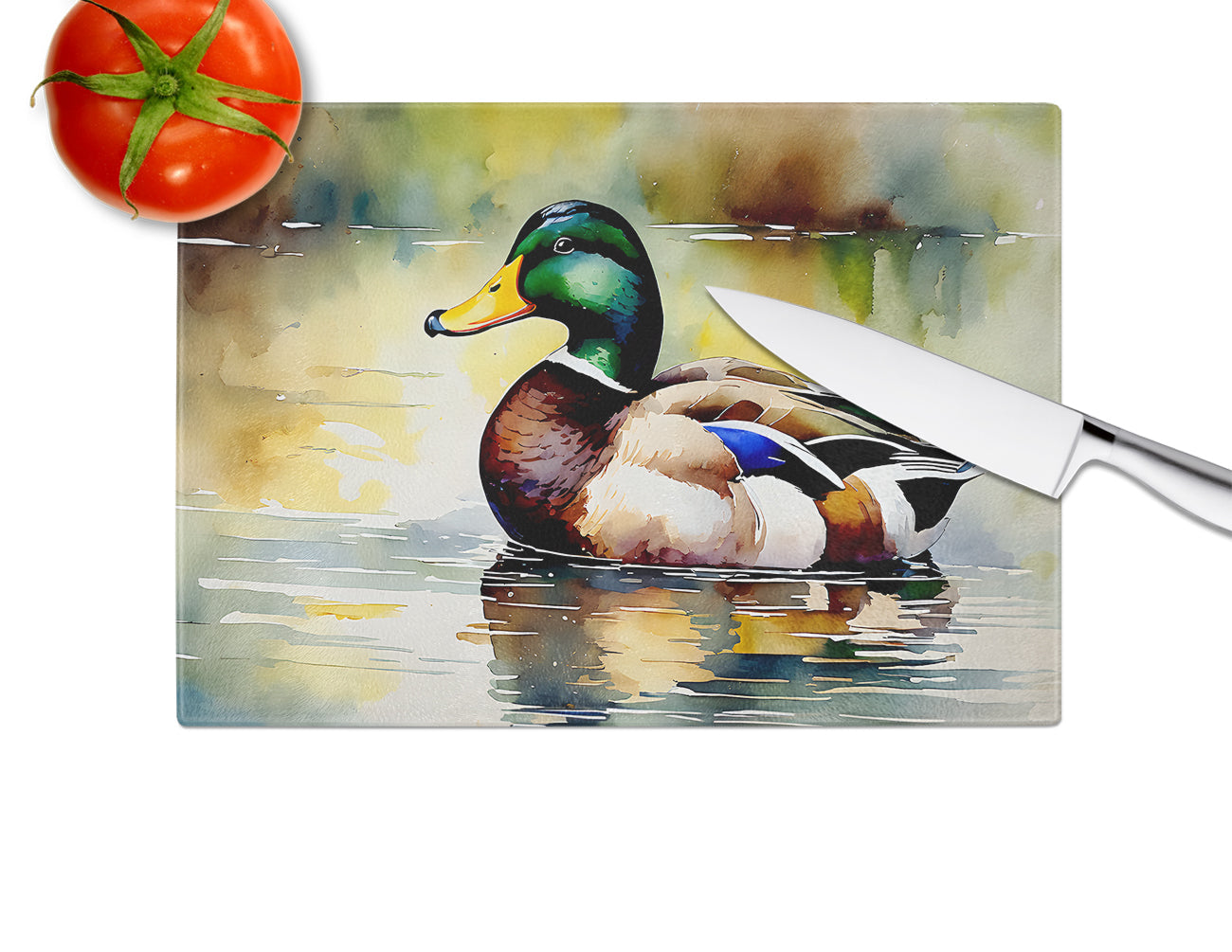 Mallard Duck Floating Pond Reflection Cutting Board Tempered Glass Kitchen Cutting Surface, Heat Resistant Chopping, Non-Slip Feet, Food Prep & Serving