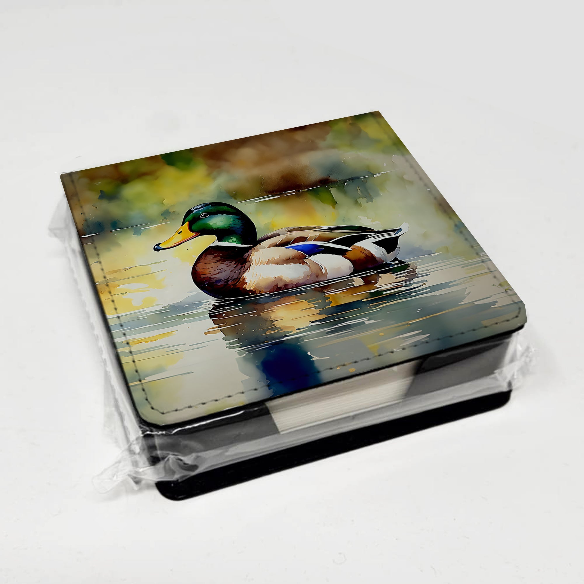 Mallard Duck Floating Pond Reflection PU Leather Note Paper Holder with Artist-Designed Cover, Desk Accessory, Office Gift