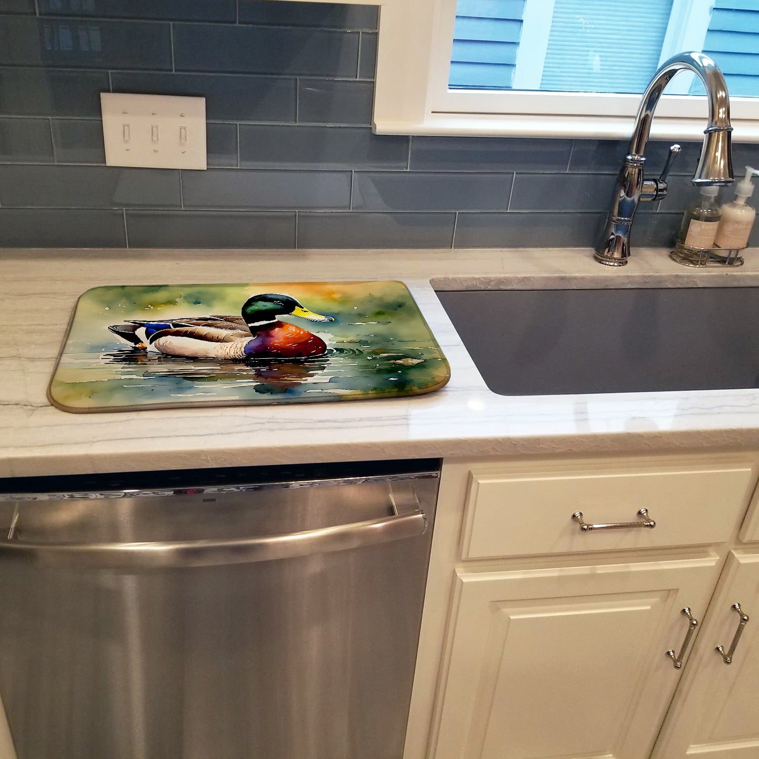 Mallard Duck Swimming Pond Scene Dish Drying Mat Absorbent Dish Drying Mat Pad for Kitchen Counter Dish Drainer Mat for Countertop, 14 x 21", Multicolor