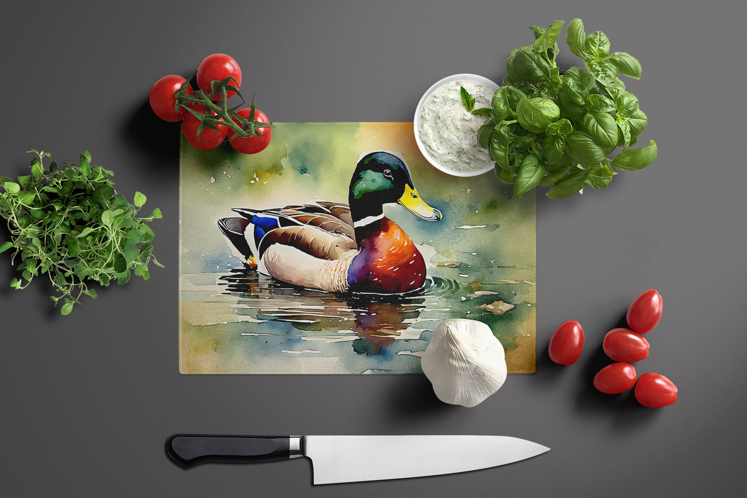Mallard Duck Swimming Pond Scene Cutting Board Tempered Glass Kitchen Cutting Surface, Heat Resistant Chopping, Non-Slip Feet, Food Prep & Serving