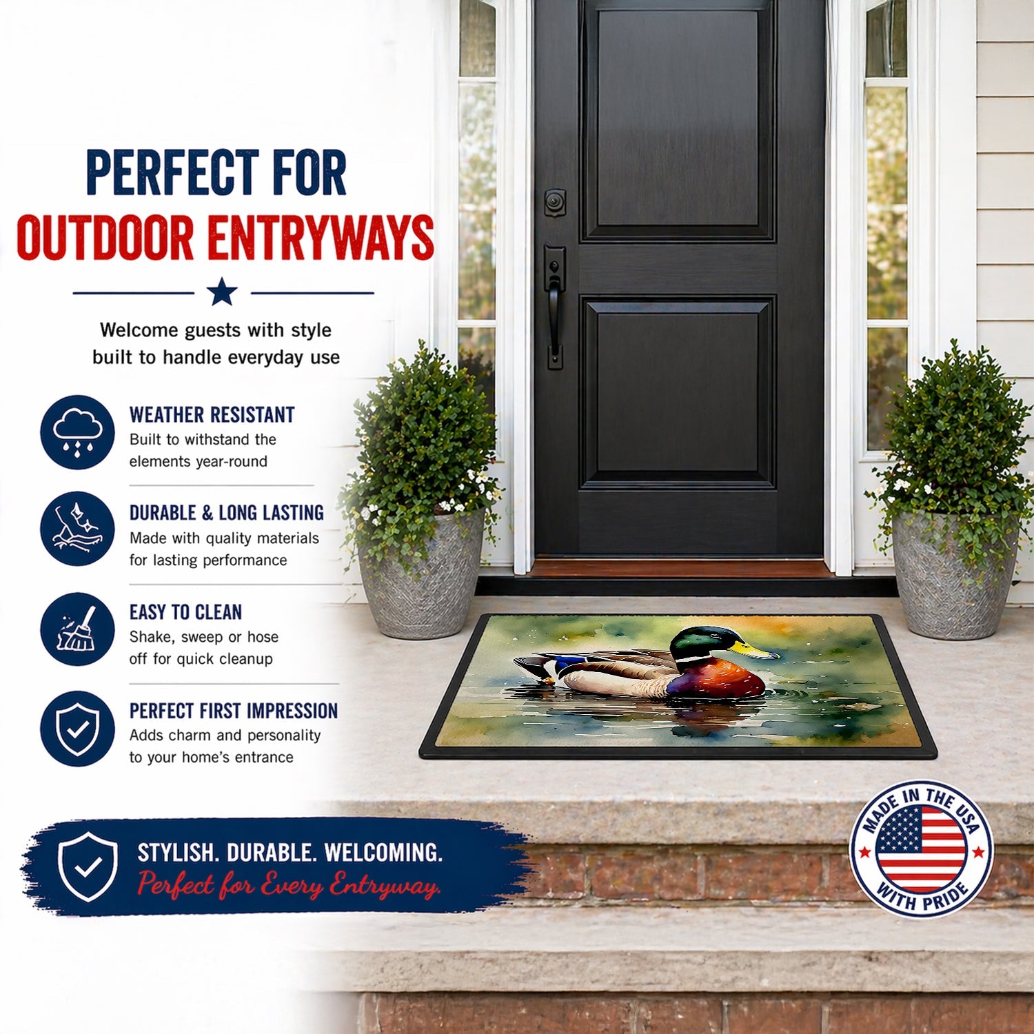 Mallard Duck Swimming Pond Scene Doormat Indoor Outdoor 18H X 27W Front Door Mat Rugs for Entryway, Non Slip Washable