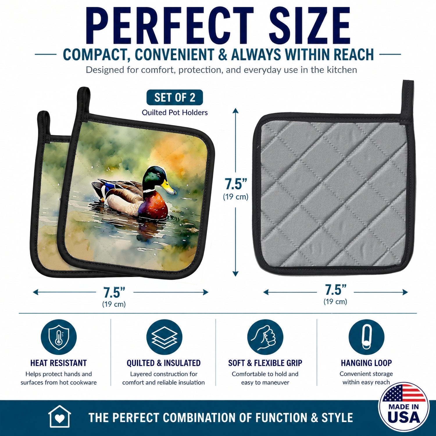 Mallard Duck Swimming Pond Scene Pot Holder Set of 2 Heat Resistant Quilted Hot Pads 7.5 x 7.5 Inch, Insulated Kitchen Trivets for Cooking & Baking