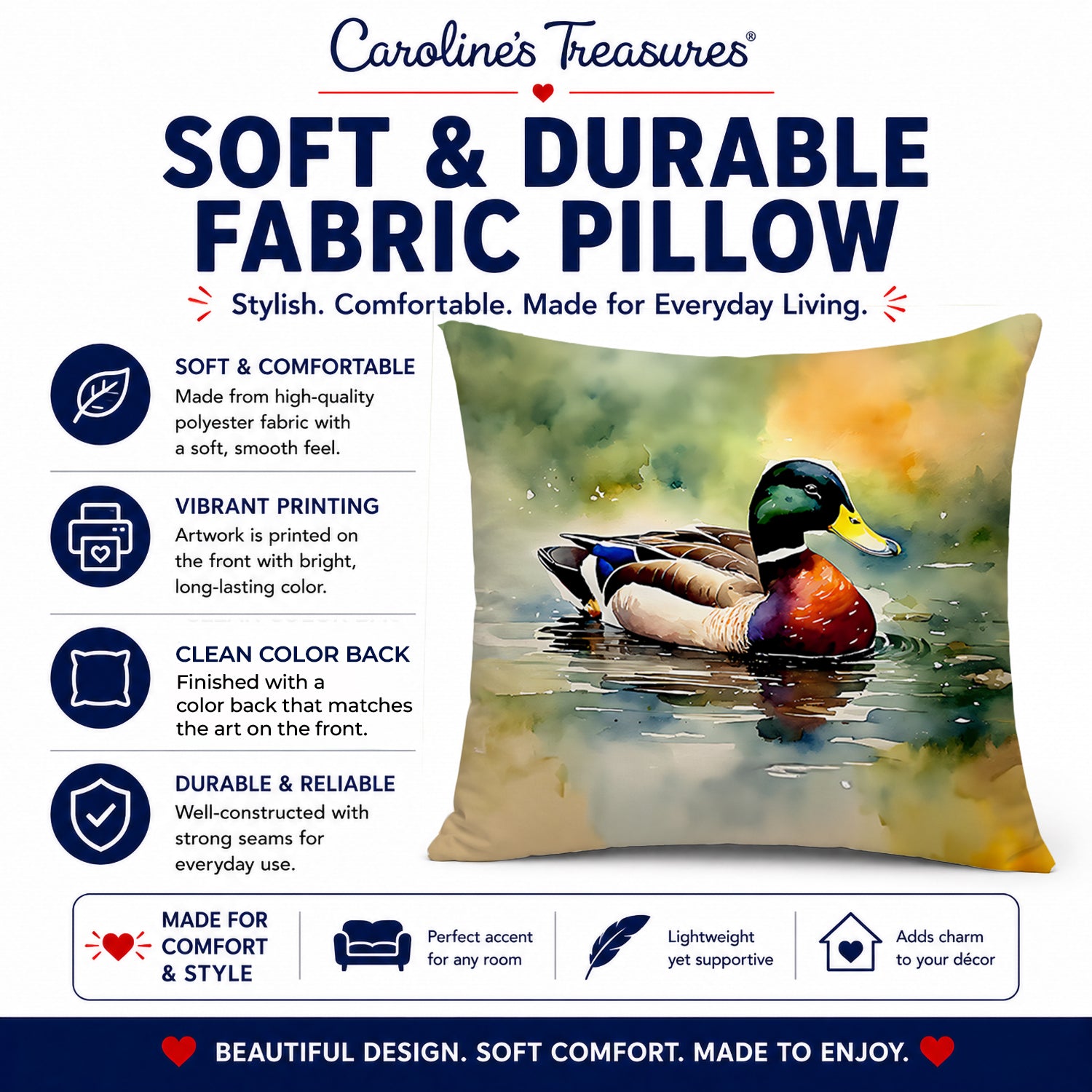 Mallard Duck Swimming Pond Scene Decorative Throw Pillow 18x18 Indoor Outdoor Accent Cushion, Fabric Cover with Insert for Sofa, Bed, Porch & Living Room