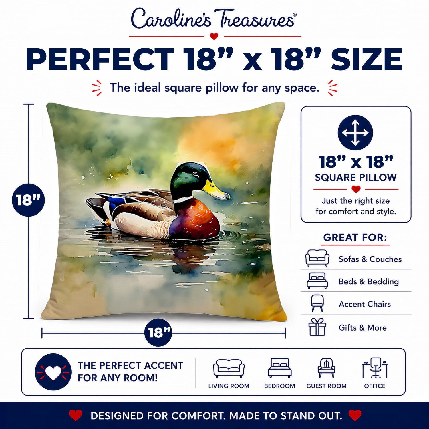 Mallard Duck Swimming Pond Scene Decorative Throw Pillow 18x18 Indoor Outdoor Accent Cushion, Fabric Cover with Insert for Sofa, Bed, Porch & Living Room