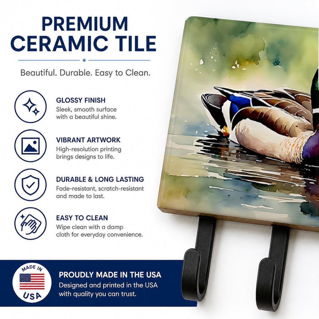 Mallard Duck Swimming Pond Scene Leash or Key Holder Wall Hooks, Coat Rack Wall Mount, for Hanging Keys, Towels, Aprons, Leashes