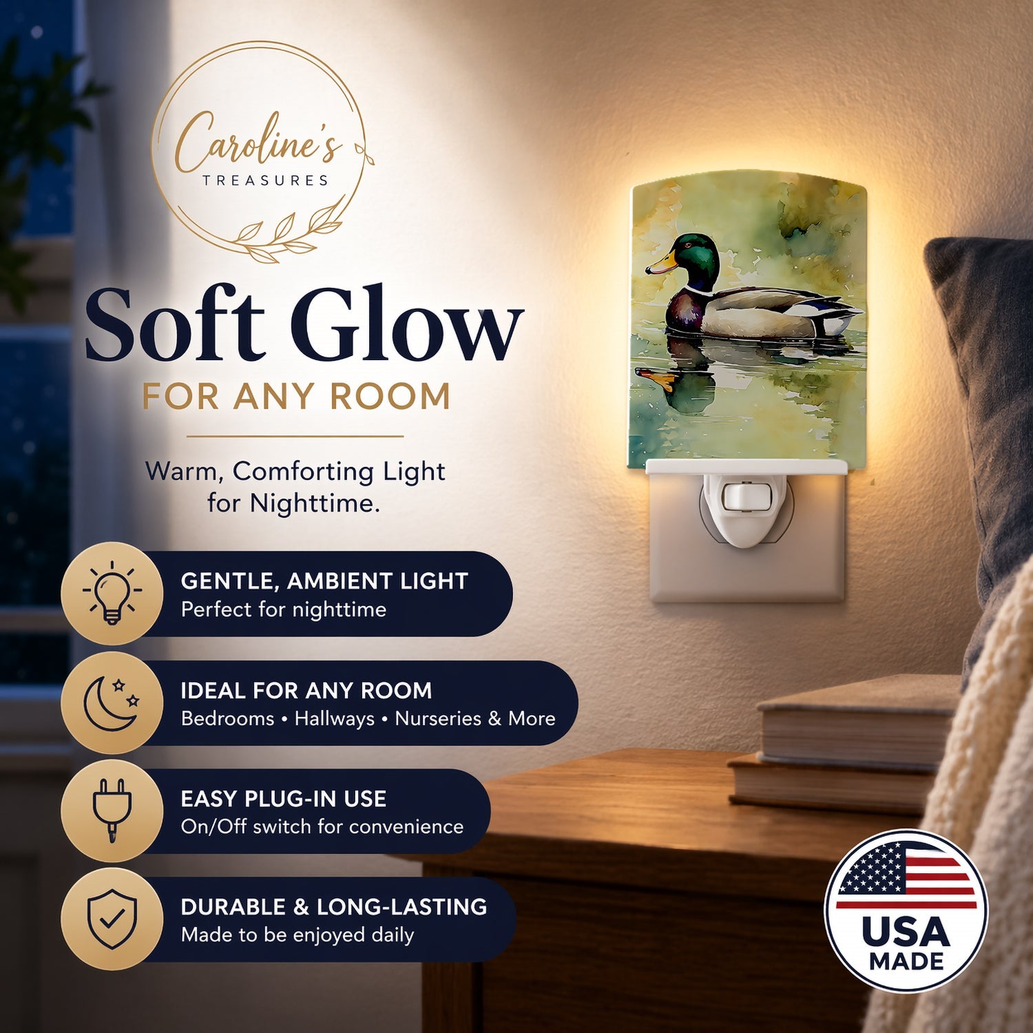 Mallard Duck Side Profile Ceramic Night Light Compact, UL-Certified, Ideal for Bedroom, Bathroom, Nursery, Hallway, Kitchen, 6x4x3, Multicolor