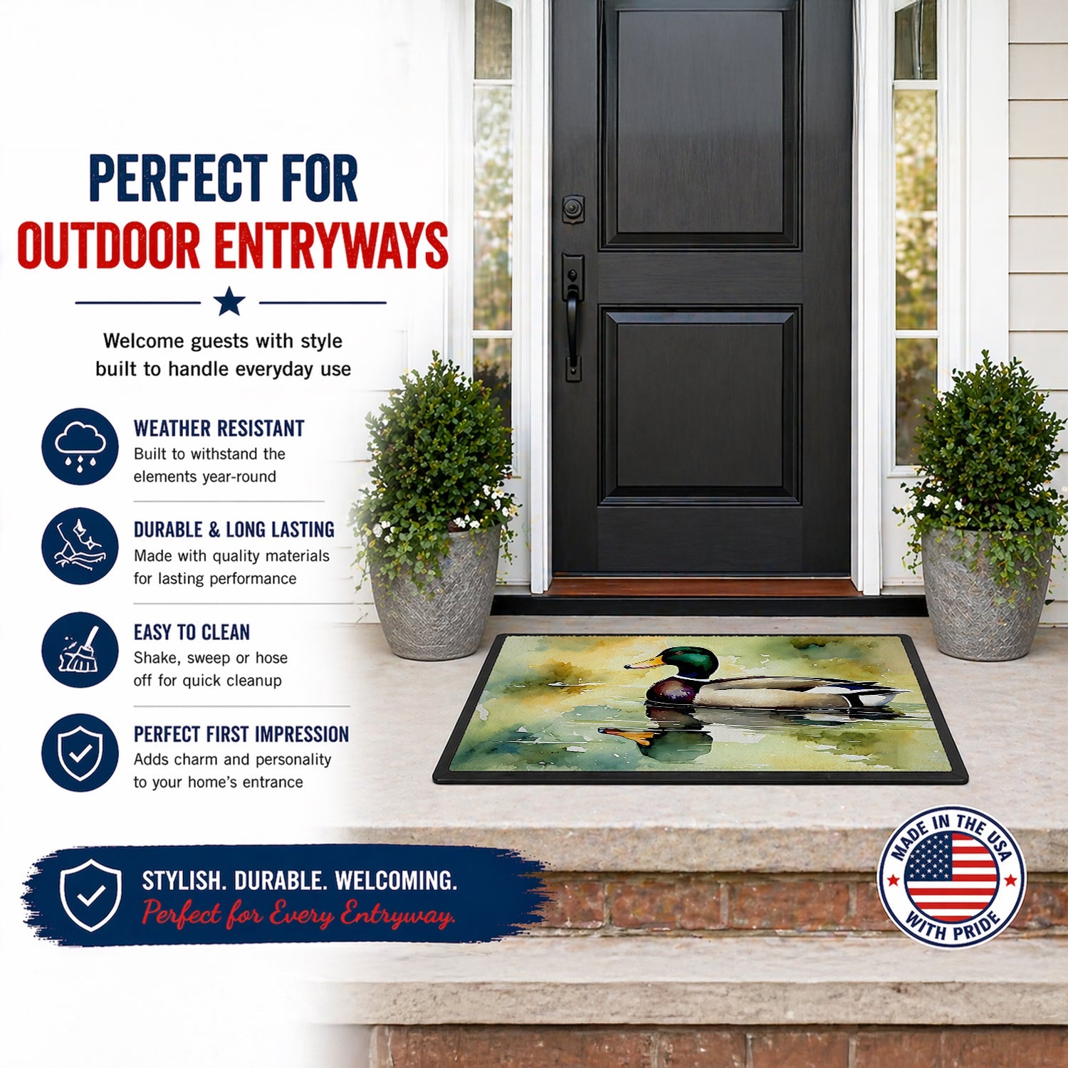 Mallard Duck Side Profile Doormat Indoor Outdoor 24H X 36W Front Door Mat Rugs for Entryway, Non Slip Washable Low Pile,
