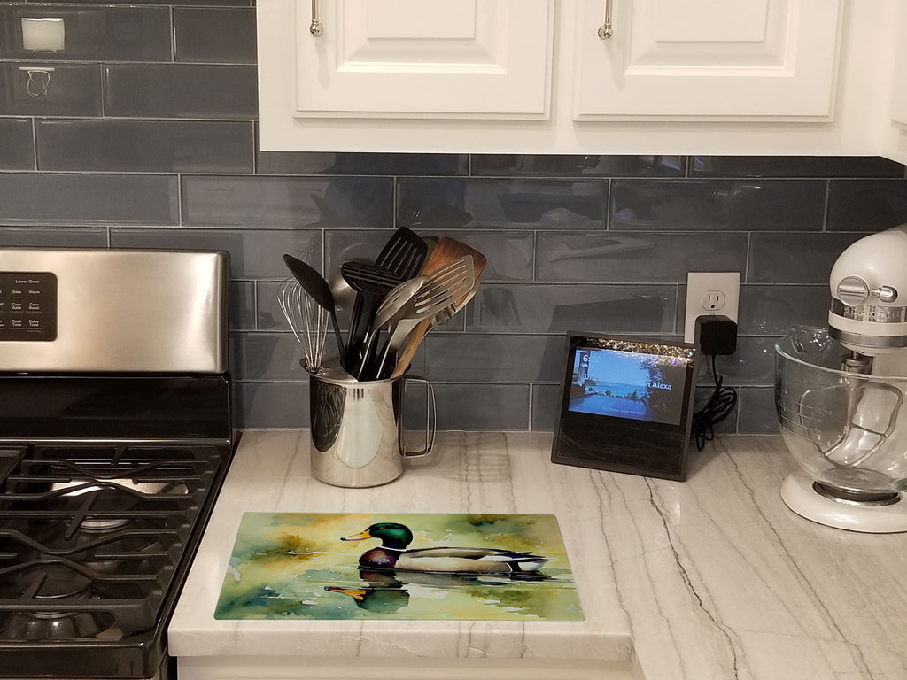 Mallard Duck Side Profile Cutting Board Tempered Glass Kitchen Cutting Surface, Heat Resistant Chopping, Non-Slip Feet, Food Prep & Serving