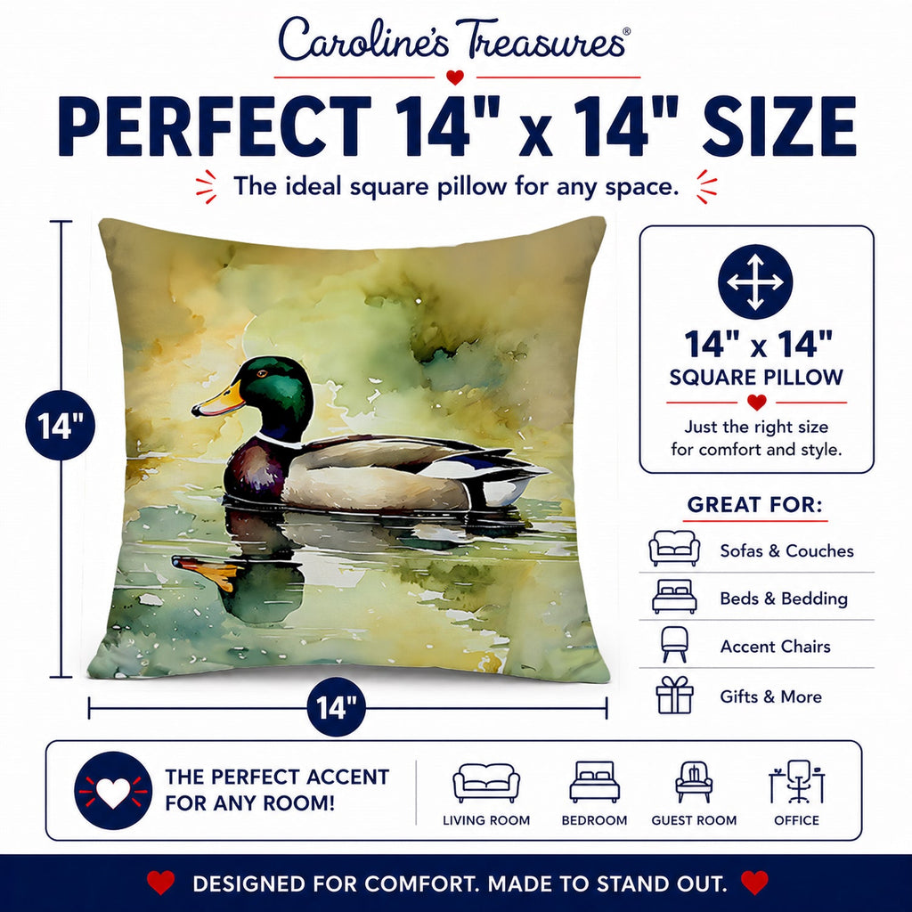 Mallard Duck Side Profile Decorative Throw Pillow 14x14 Indoor Outdoor Accent Cushion, Fabric Cover with Insert for Sofa, Bed, Porch & Living Room