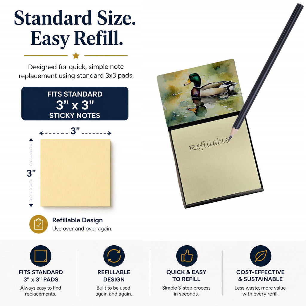 Mallard Duck Side Profile Watercolor Sticky Note Holder Refillable Dispenser Desk Accessory 3x3 Pad Gift