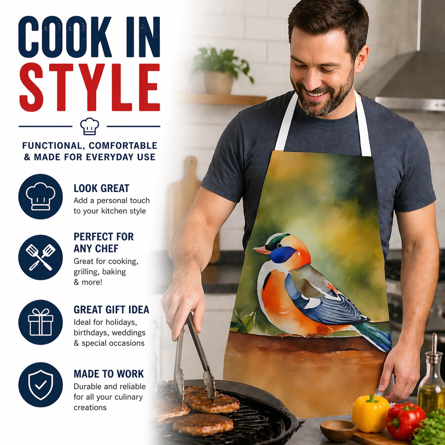 Mandarin Duck Apron Cooking Kitchen Server Baking Crafts Gardening for Adult Women Men, Unisex, Large, Multicolor