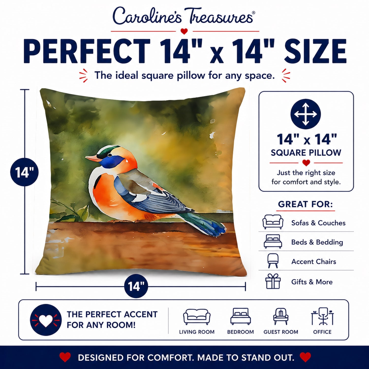 Mandarin Duck Decorative Throw Pillow 14x14 Indoor Outdoor Accent Cushion, Fabric Cover with Insert for Sofa, Bed, Porch & Living Room