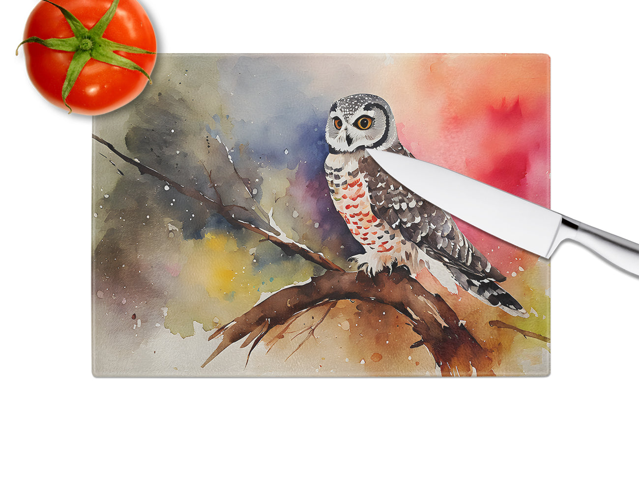 Northern Hawk Owl Perched Branch Cutting Board Tempered Glass Kitchen Cutting Surface, Heat Resistant Chopping, Non-Slip Feet, Food Prep & Serving