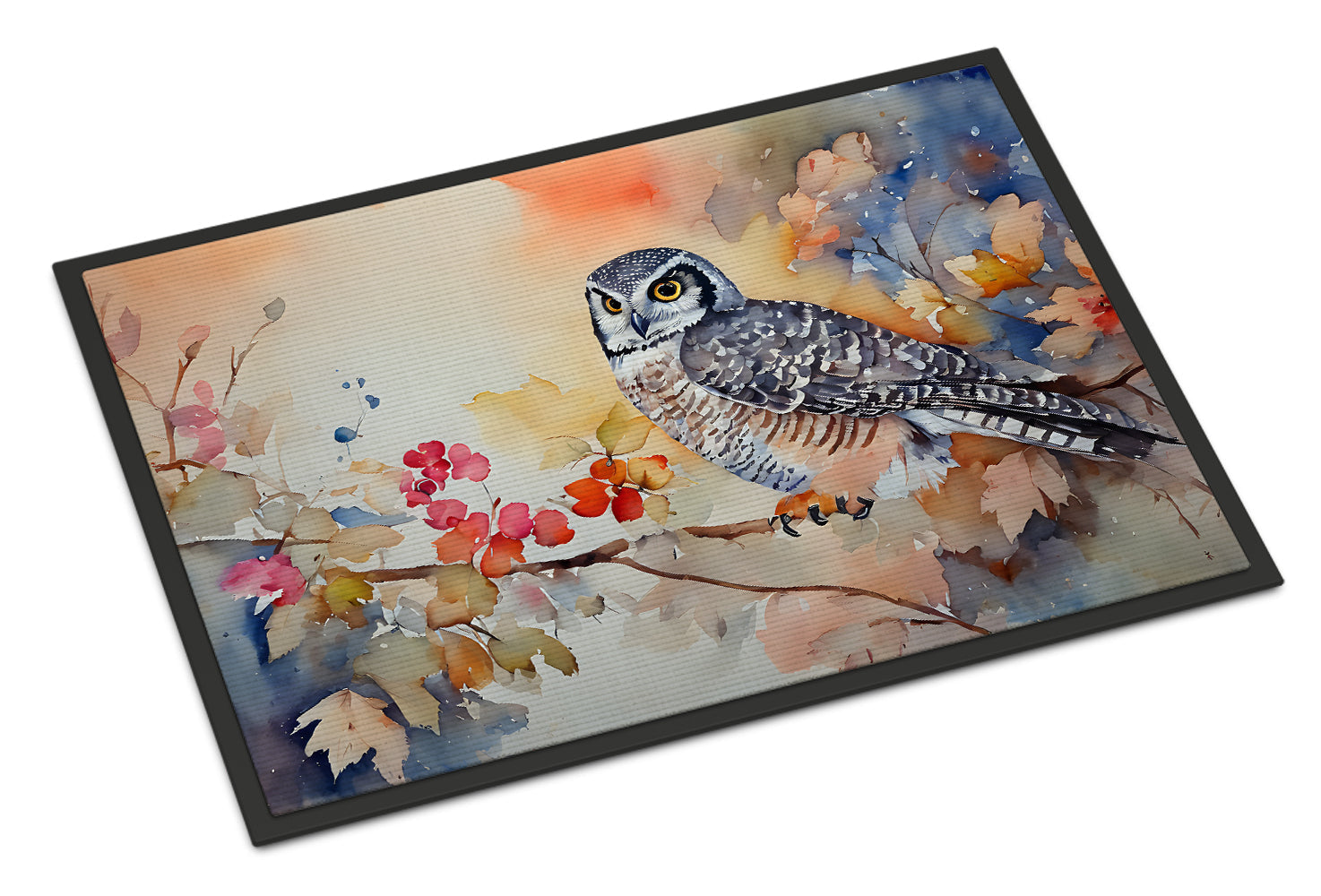 Northern Hawk Owl with Blossoms Doormat Indoor Outdoor 18H X 27W Front Door Mat Rugs for Entryway, Non Slip Washable