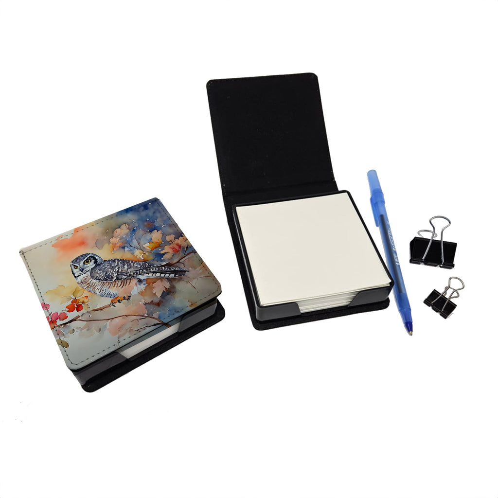 Northern Hawk Owl with Blossoms PU Leather Note Paper Holder with Artist-Designed Cover, Desk Accessory, Office Gift