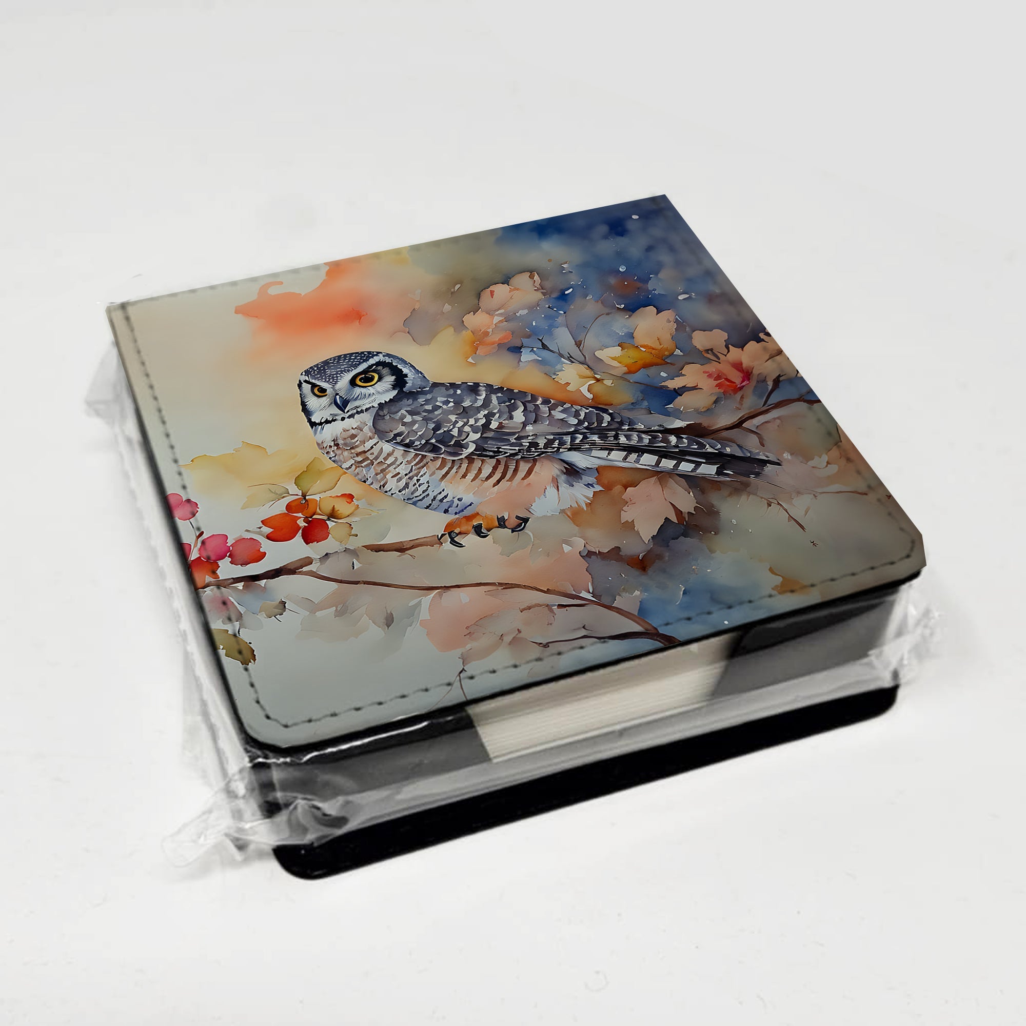 Northern Hawk Owl with Blossoms PU Leather Note Paper Holder with Artist-Designed Cover, Desk Accessory, Office Gift