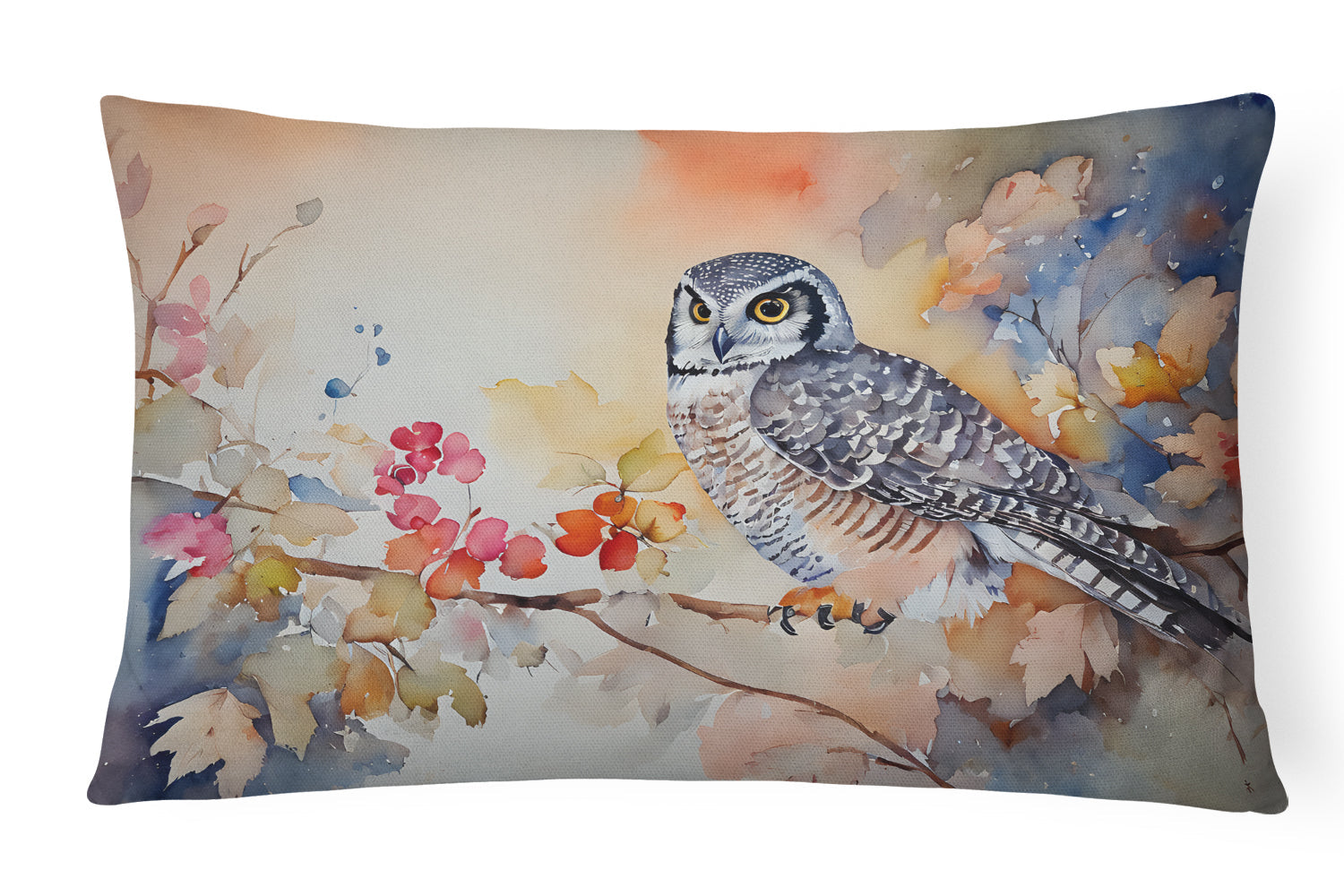 Northern Hawk Owl with Blossoms Decorative Throw Pillow 12x16 Indoor Outdoor Accent Cushion, Fabric Cover with Insert for Sofa, Bed, Porch & Living Room