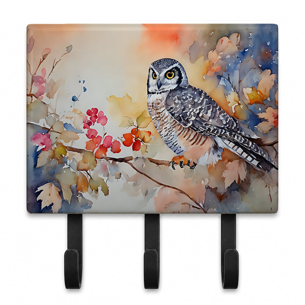 Northern Hawk Owl with Blossoms Leash or Key Holder Wall Hooks, Coat Rack Wall Mount, for Hanging Keys, Towels, Aprons, Leashes