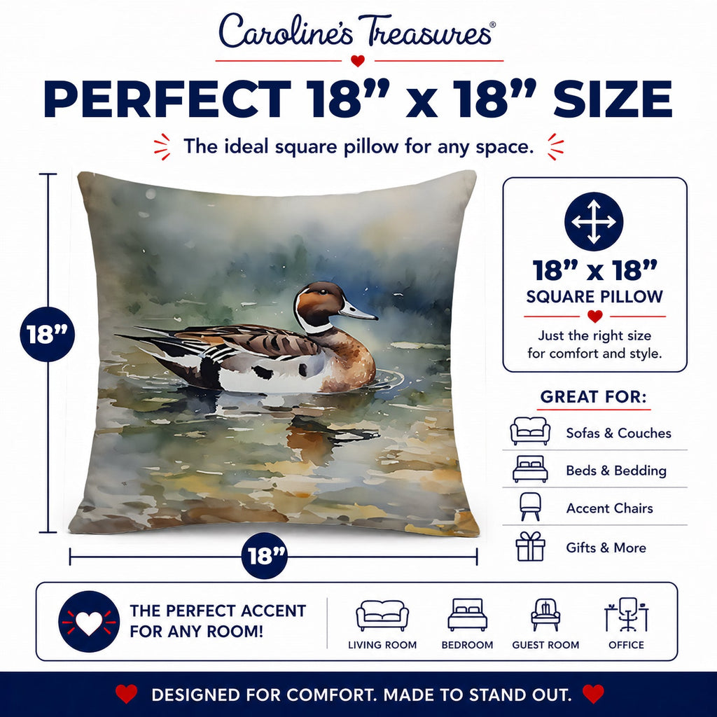 Northern Pintail Duck Swimming Decorative Throw Pillow 18x18 Indoor Outdoor Accent Cushion, Fabric Cover with Insert for Sofa, Bed, Porch & Living Room
