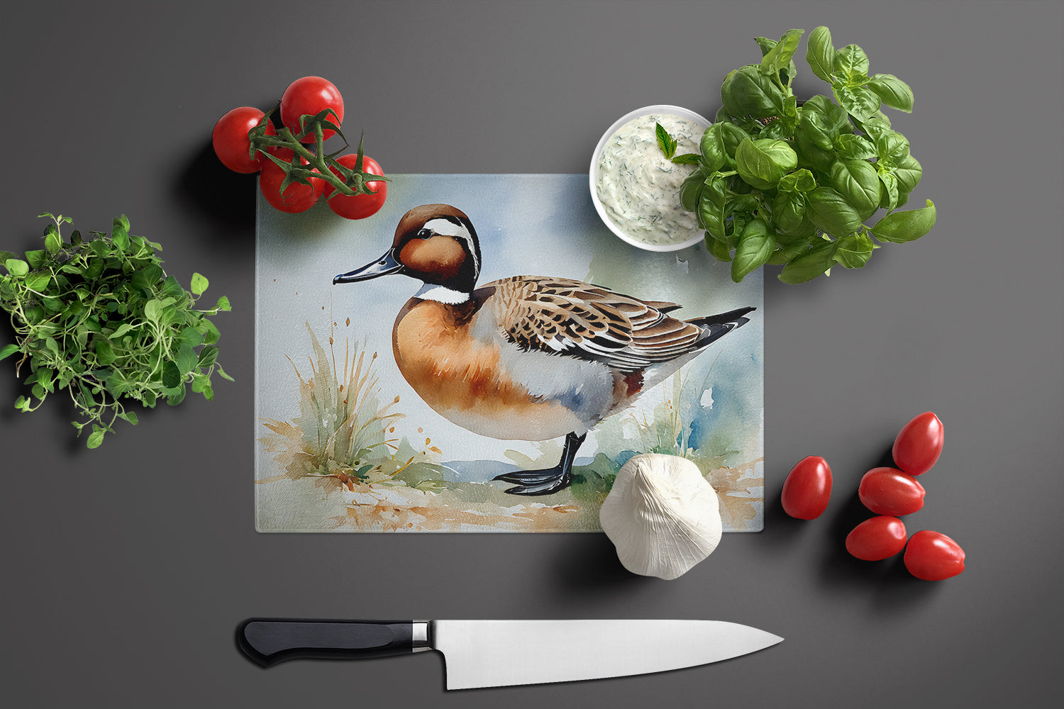 Northern Pintail Duck Standing Shore Cutting Board Tempered Glass Kitchen Cutting Surface, Heat Resistant Chopping, Non-Slip Feet, Food Prep & Serving