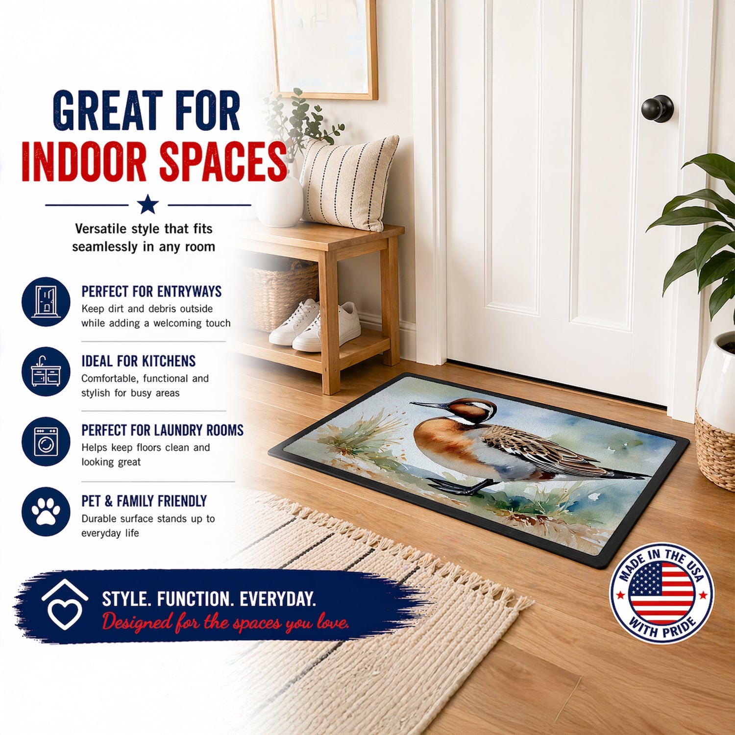 Northern Pintail Duck Standing Shore Doormat Indoor Outdoor 18H X 27W Front Door Mat Rugs for Entryway, Non Slip Washable