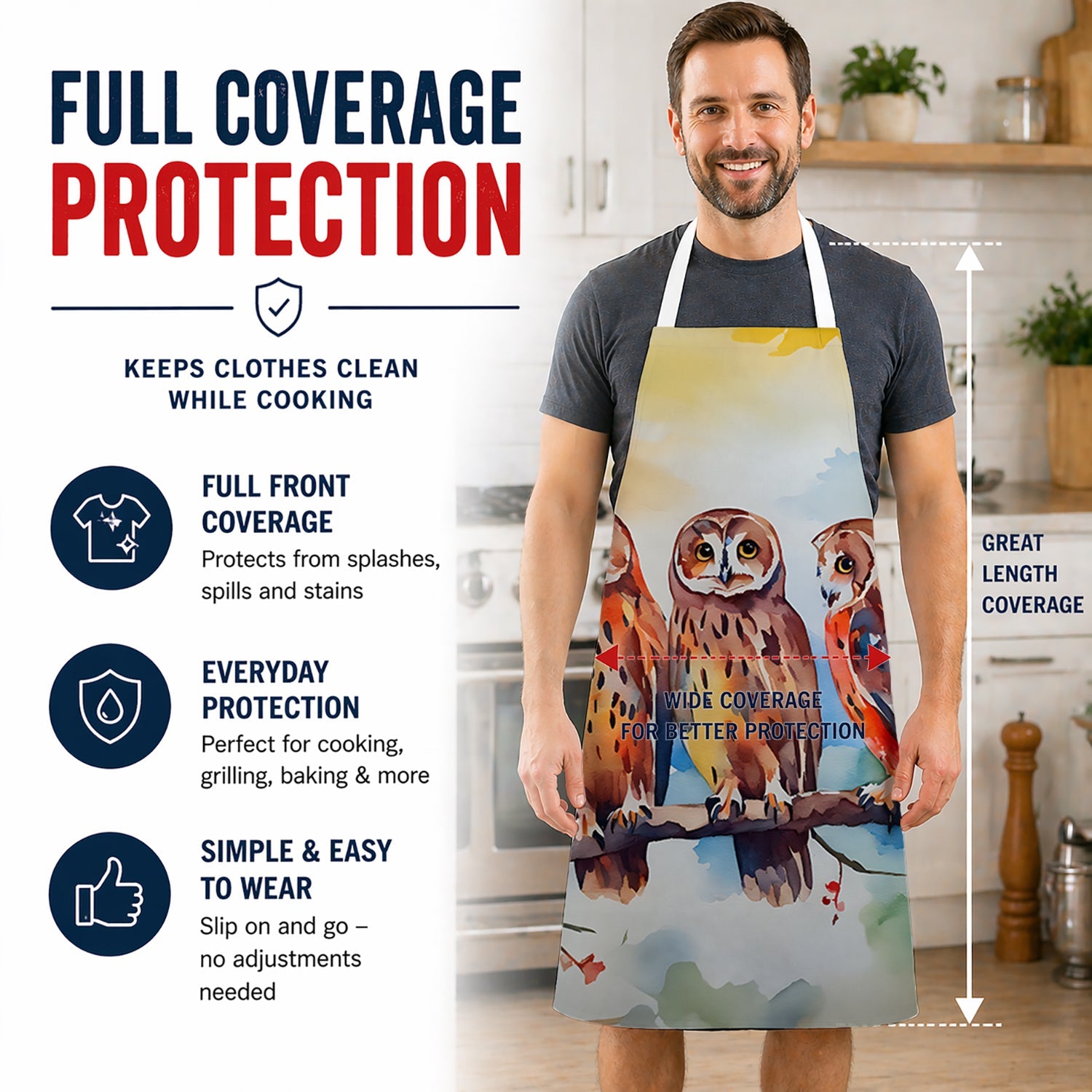 Three Owls Perched Branch Apron Cooking Kitchen Server Baking Crafts Gardening for Adult Women Men, Unisex, Large, Multicolor