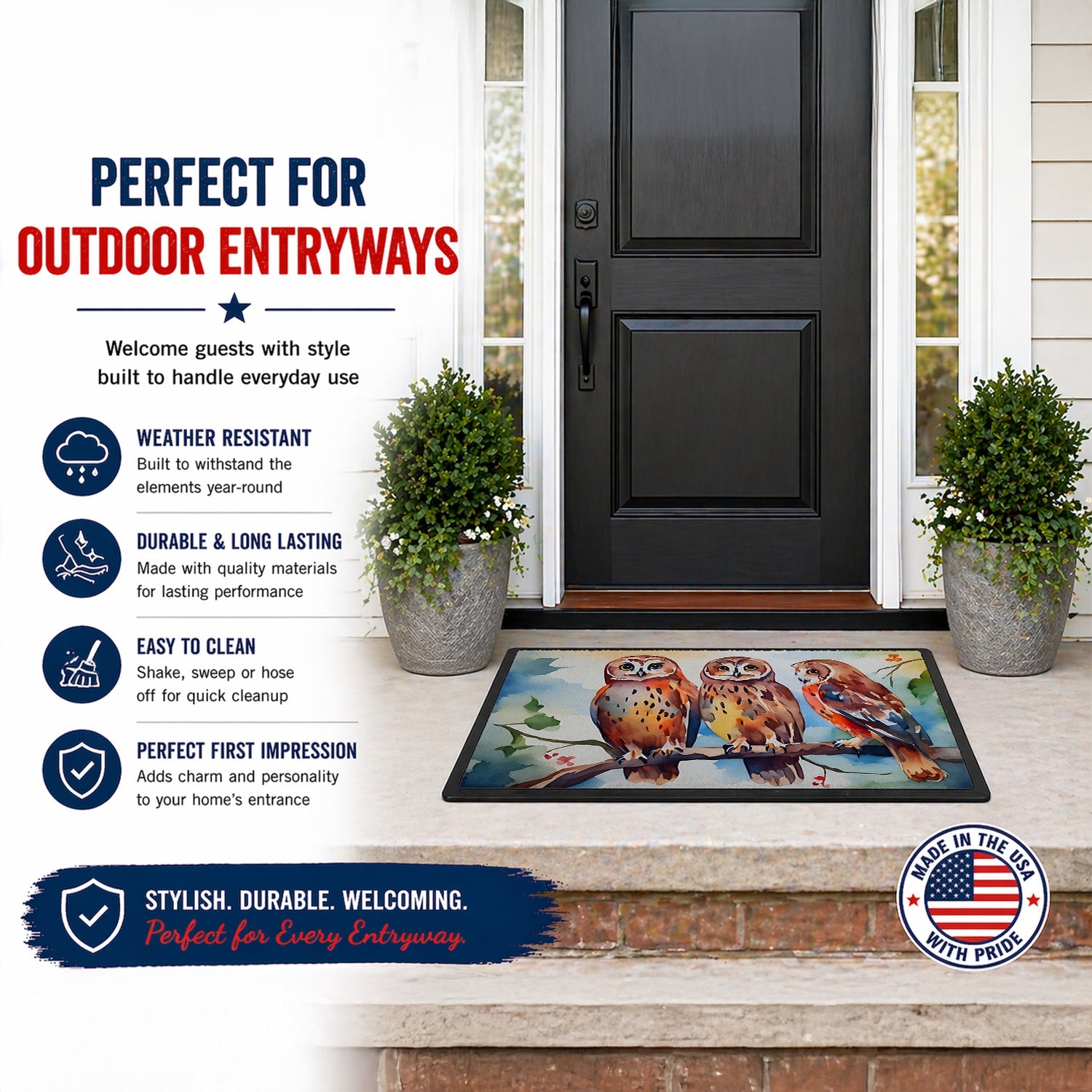 Three Owls Perched Branch Doormat Indoor Outdoor 24H X 36W Front Door Mat Rugs for Entryway, Non Slip Washable Low Pile,