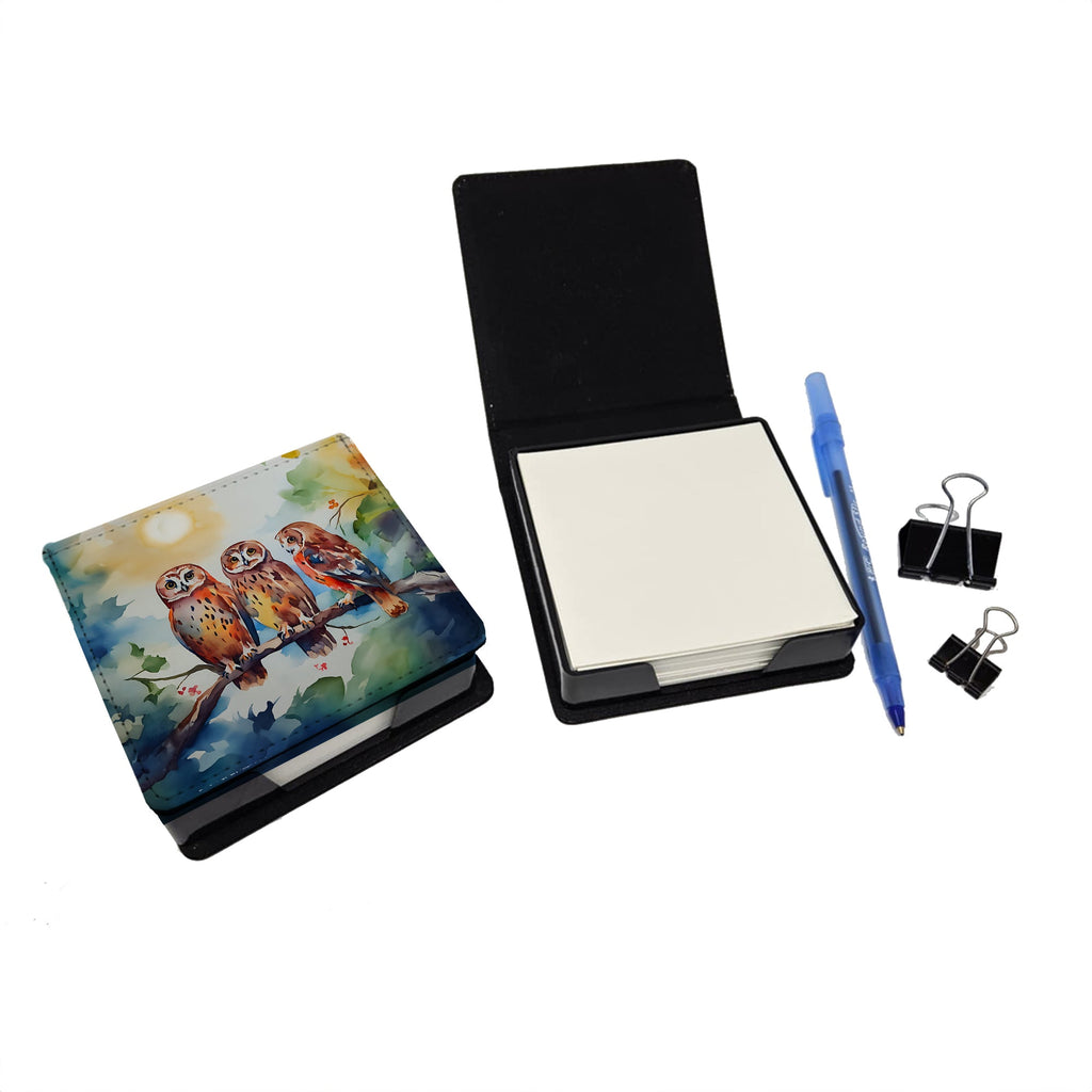 Three Owls Perched Branch PU Leather Note Paper Holder with Artist-Designed Cover, Desk Accessory, Office Gift