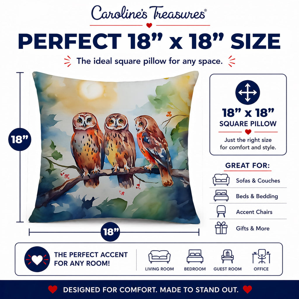 Three Owls Perched Branch Decorative Throw Pillow 18x18 Indoor Outdoor Accent Cushion, Fabric Cover with Insert for Sofa, Bed, Porch & Living Room