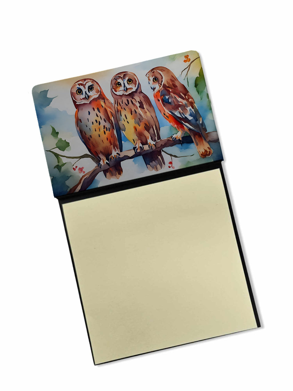 Three Owls Perched Branch Watercolor Sticky Note Holder Refillable Dispenser Desk Accessory 3x3 Pad Gift