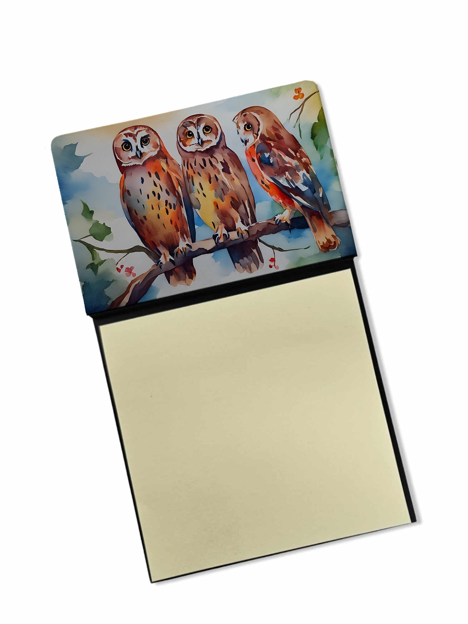 Three Owls Perched Branch Watercolor Sticky Note Holder Refillable Dispenser Desk Accessory 3x3 Pad Gift