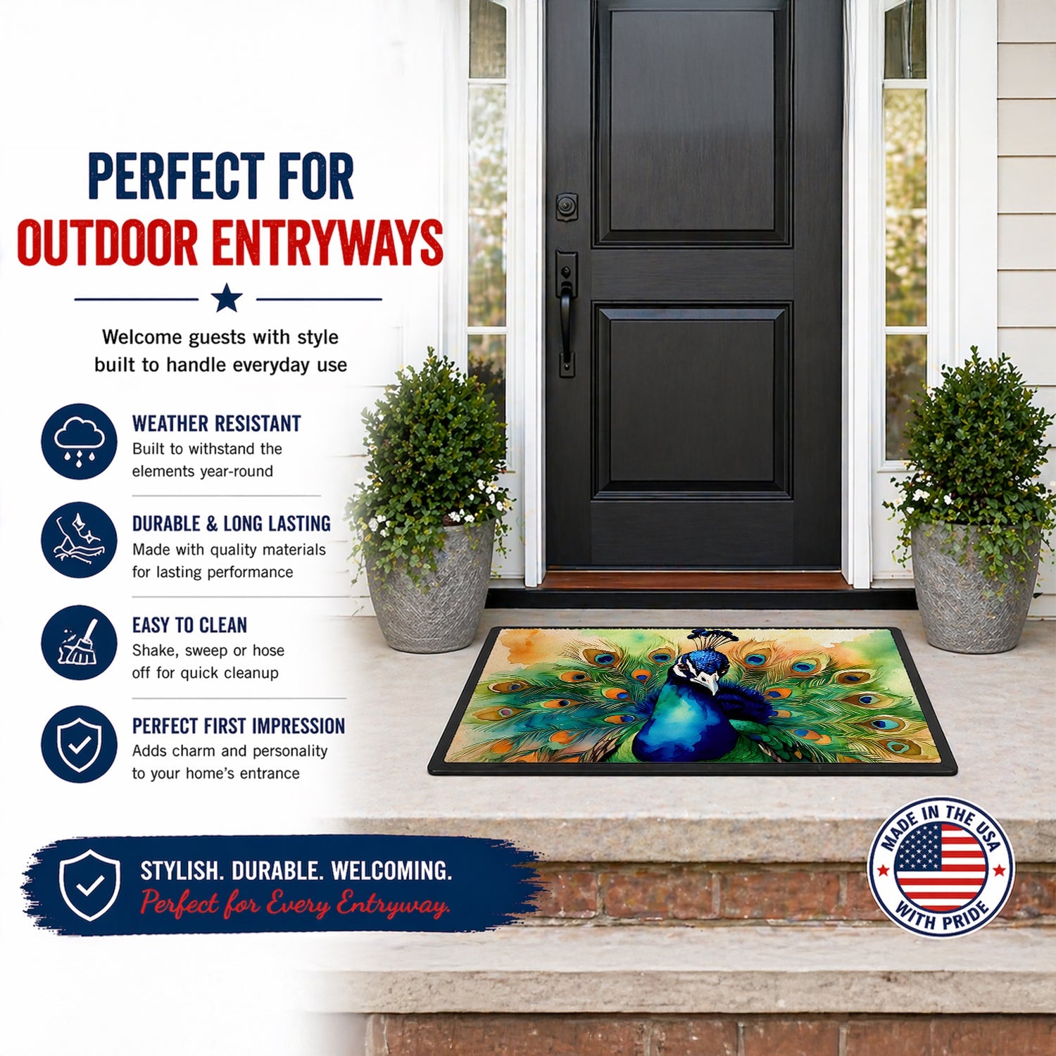 Peacock Displaying Feathers Doormat Indoor Outdoor 24H X 36W Front Door Mat Rugs for Entryway, Non Slip Washable Low Pile,