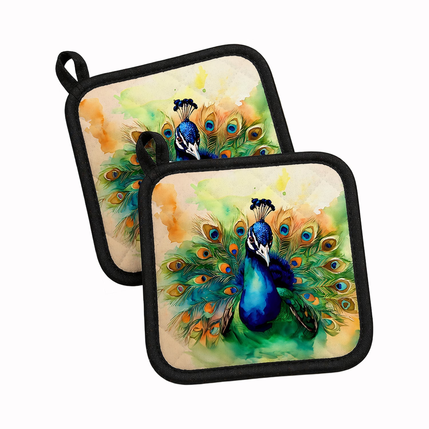 Peacock Displaying Feathers Pot Holder Set of 2 Heat Resistant Quilted Hot Pads 7.5 x 7.5 Inch, Insulated Kitchen Trivets for Cooking & Baking