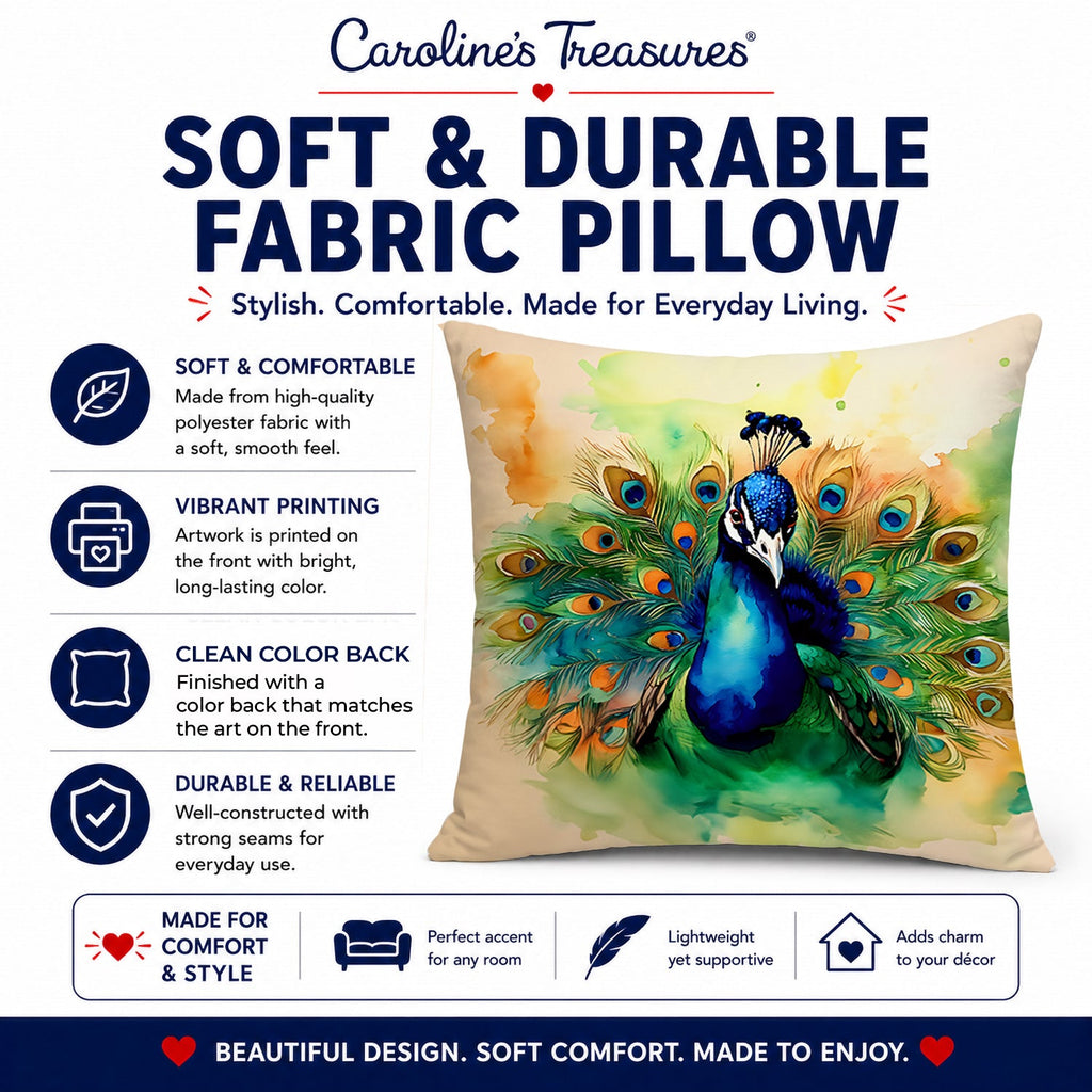 Peacock Displaying Feathers Decorative Throw Pillow 18x18 Indoor Outdoor Accent Cushion, Fabric Cover with Insert for Sofa, Bed, Porch & Living Room