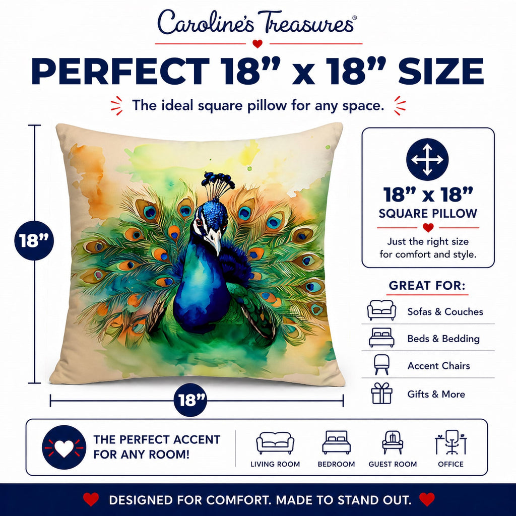 Peacock Displaying Feathers Decorative Throw Pillow 18x18 Indoor Outdoor Accent Cushion, Fabric Cover with Insert for Sofa, Bed, Porch & Living Room