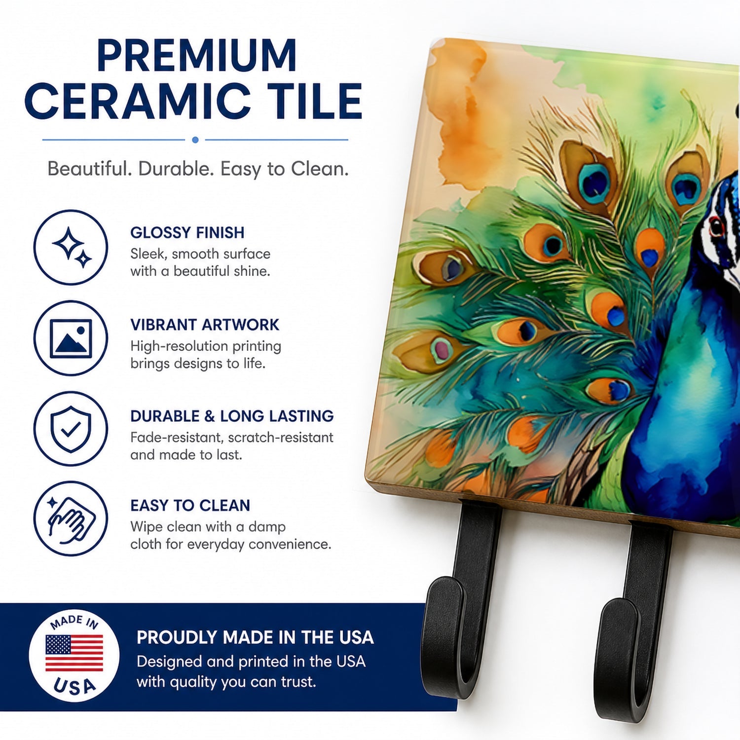 Peacock Displaying Feathers Leash or Key Holder Wall Hooks, Coat Rack Wall Mount, for Hanging Keys, Towels, Aprons, Leashes