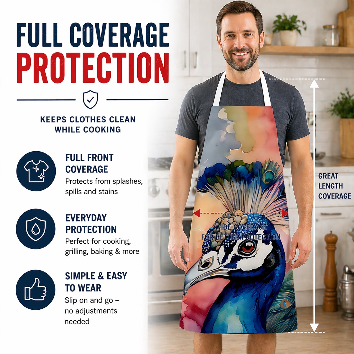 Peacock Portrait Colorful Apron Cooking Kitchen Server Baking Crafts Gardening for Adult Women Men, Unisex, Large, Multicolor