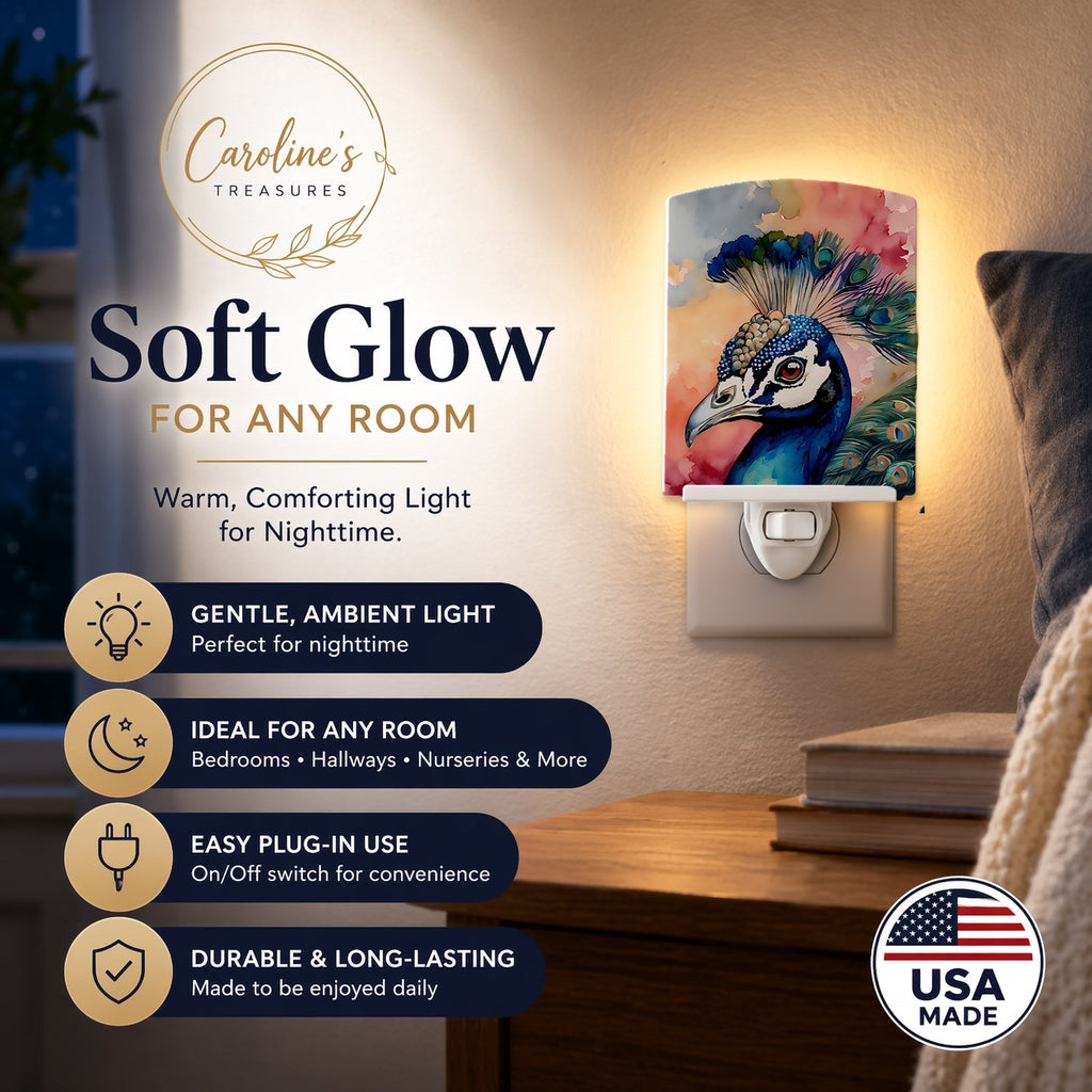 Peacock Portrait Colorful Ceramic Night Light Compact, UL-Certified, Ideal for Bedroom, Bathroom, Nursery, Hallway, Kitchen, 6x4x3, Multicolor