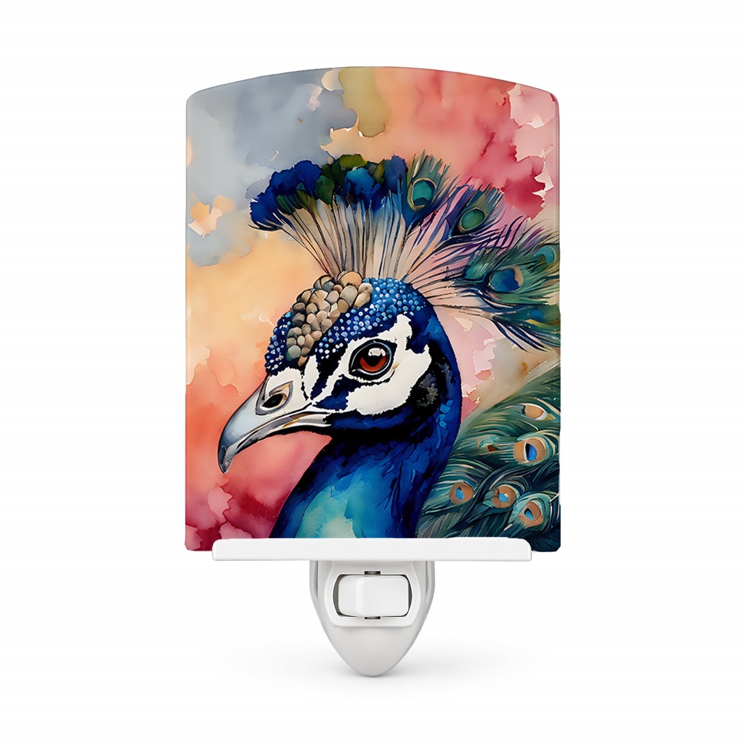 Peacock Portrait Colorful Ceramic Night Light Compact, UL-Certified, Ideal for Bedroom, Bathroom, Nursery, Hallway, Kitchen, 6x4x3, Multicolor