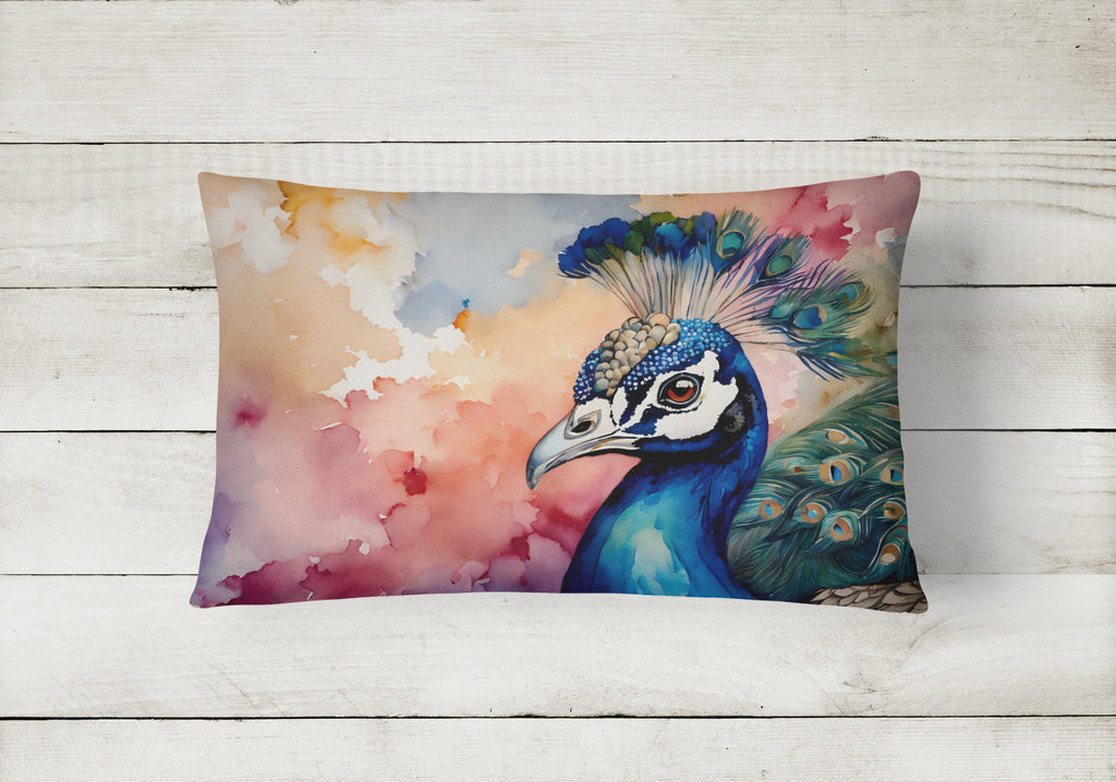 Peacock Portrait Colorful Decorative Throw Pillow 12x16 Indoor Outdoor Accent Cushion, Fabric Cover with Insert for Sofa, Bed, Porch & Living Room