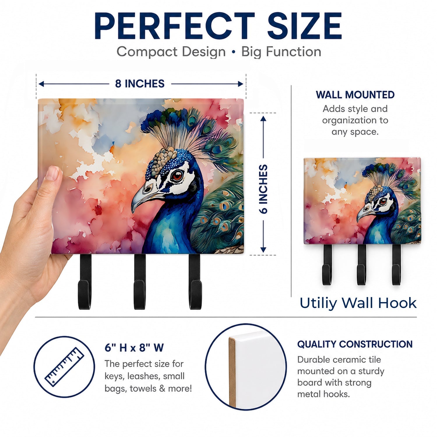 Peacock Portrait Colorful Leash or Key Holder Wall Hooks, Coat Rack Wall Mount, for Hanging Keys, Towels, Aprons, Leashes