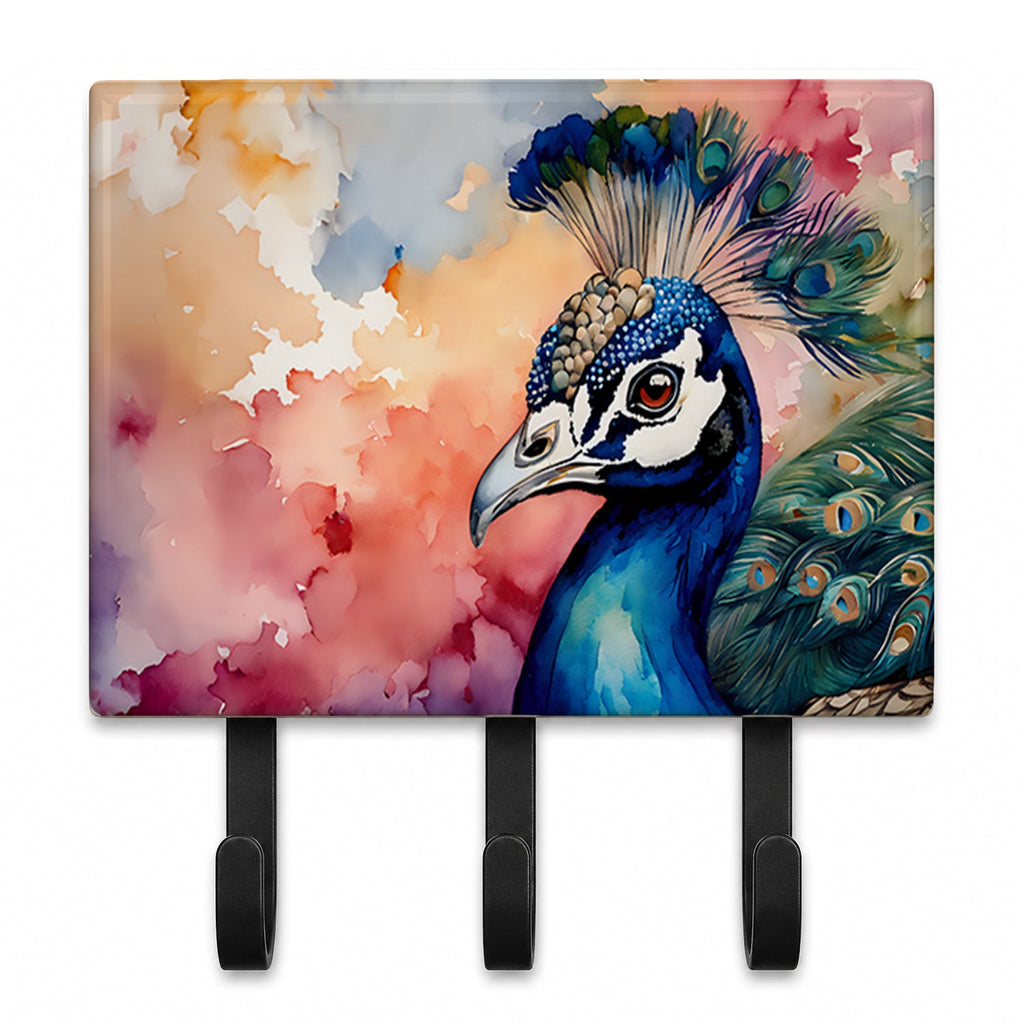 Peacock Portrait Colorful Leash or Key Holder Wall Hooks, Coat Rack Wall Mount, for Hanging Keys, Towels, Aprons, Leashes