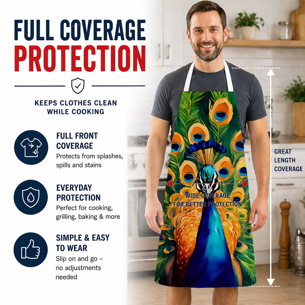 Peacock Full Feather Display Vibrant Apron Cooking Kitchen Server Baking Crafts Gardening for Adult Women Men, Unisex, Large, Multicolor