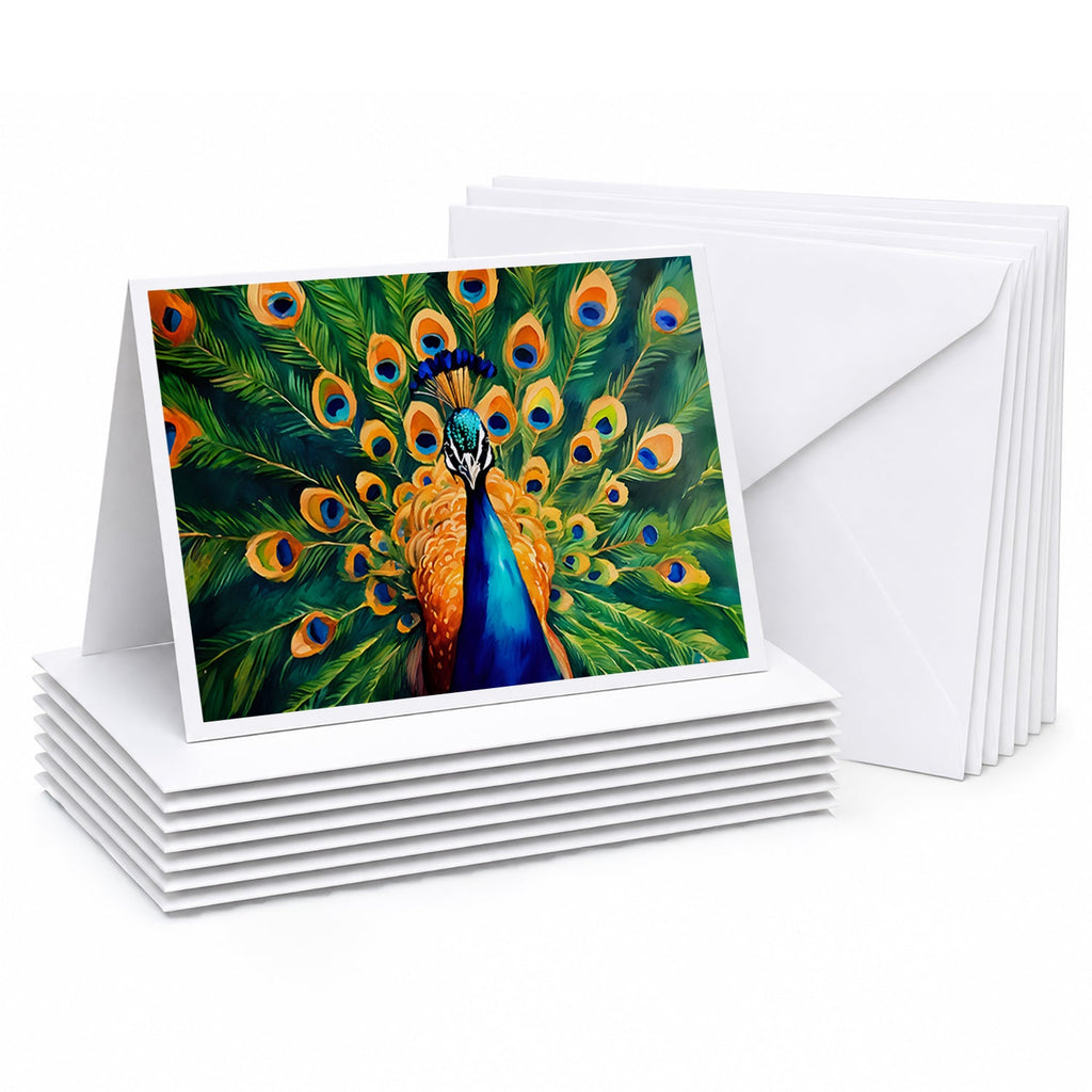 Peacock Full Feather Display Vibrant Greeting Cards Pack of 8 Blank Cards with Envelopes Whimsical A7 Size 5x7
