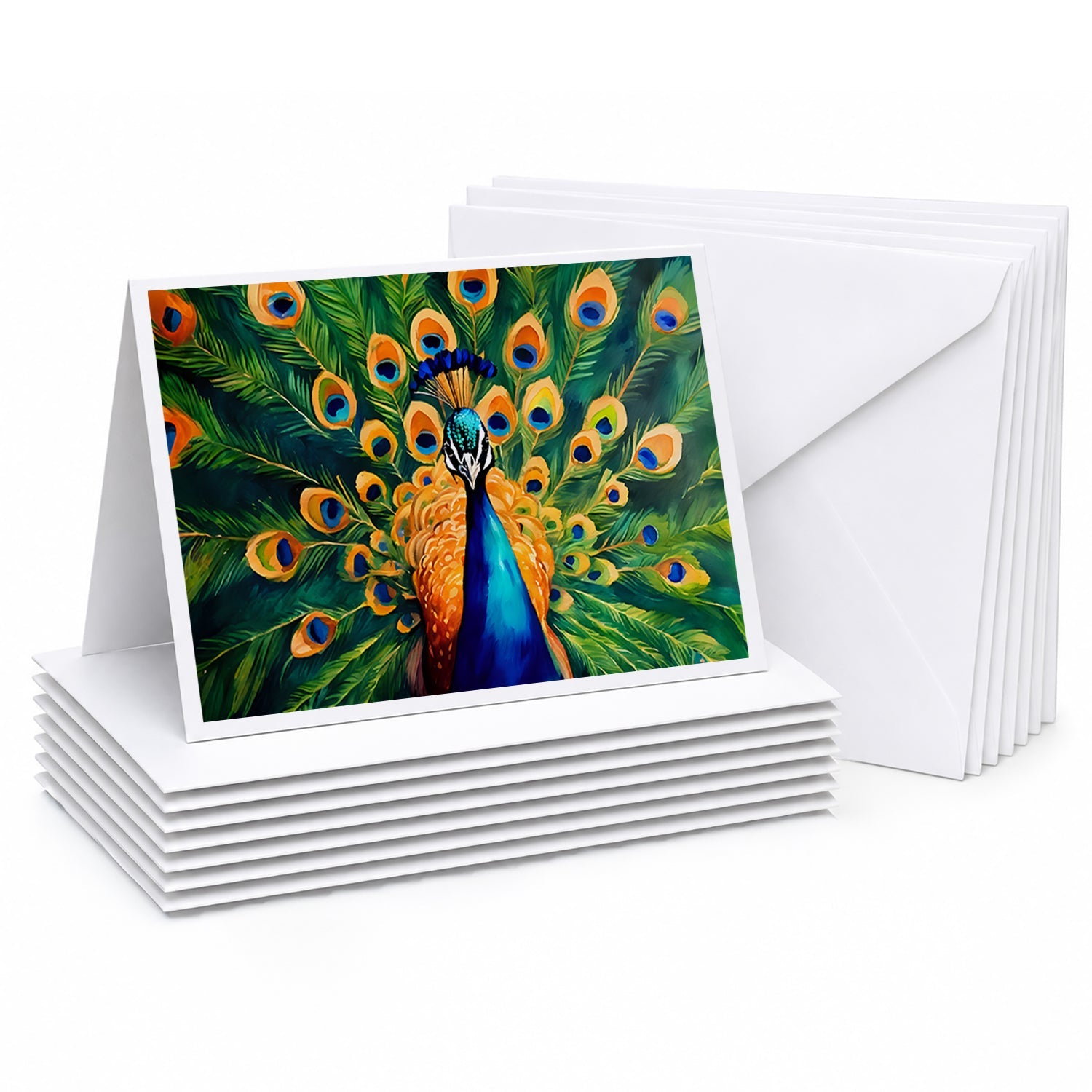 Peacock Full Feather Display Vibrant Greeting Cards Pack of 8 Blank Cards with Envelopes Whimsical A7 Size 5x7