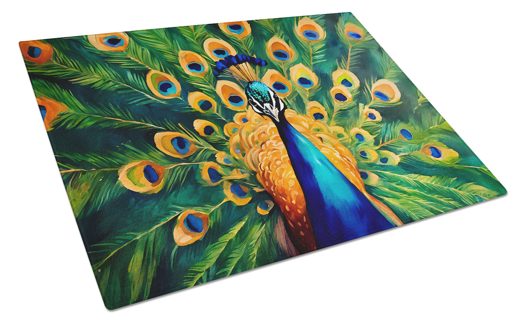 Peacock Full Feather Display Vibrant Cutting Board Tempered Glass Kitchen Cutting Surface, Heat Resistant Chopping, Non-Slip Feet, Food Prep & Serving