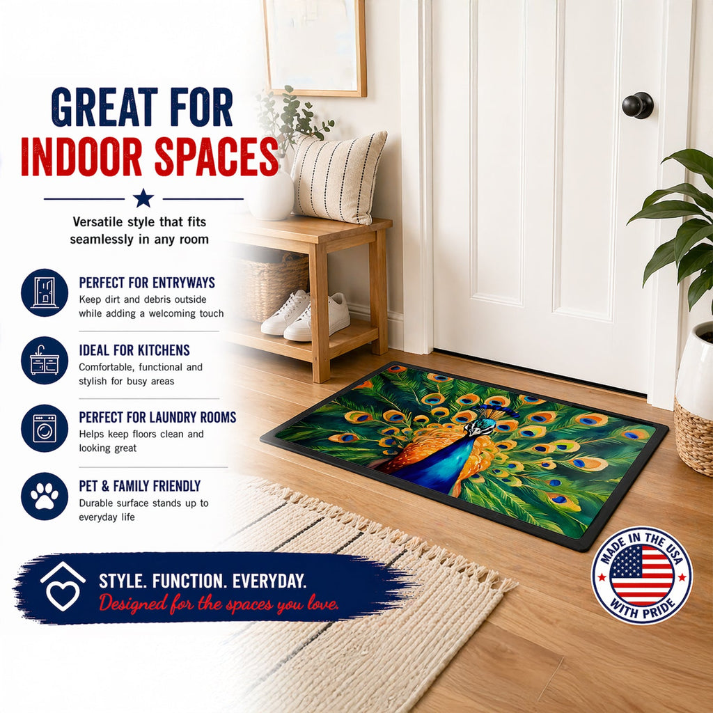 Peacock Full Feather Display Vibrant Doormat Indoor Outdoor 18H X 27W Front Door Mat Rugs for Entryway, Non Slip Washable