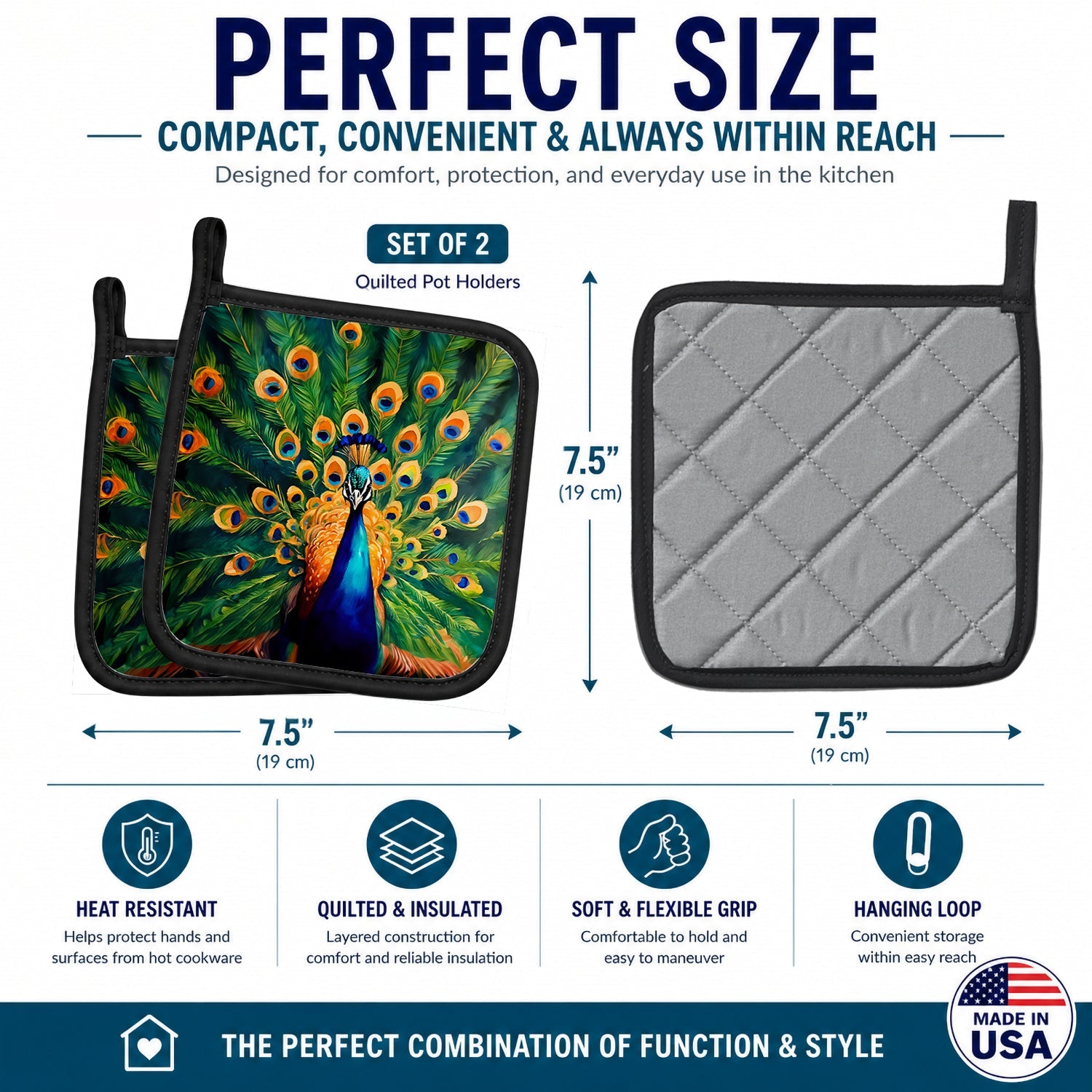 Peacock Full Feather Display Vibrant Pot Holder Set of 2 Heat Resistant Quilted Hot Pads 7.5 x 7.5 Inch, Insulated Kitchen Trivets for Cooking & Baking