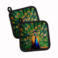 Peacock Full Feather Display Vibrant Pot Holder Set of 2 Heat Resistant Quilted Hot Pads 7.5 x 7.5 Inch, Insulated Kitchen Trivets for Cooking & Baking